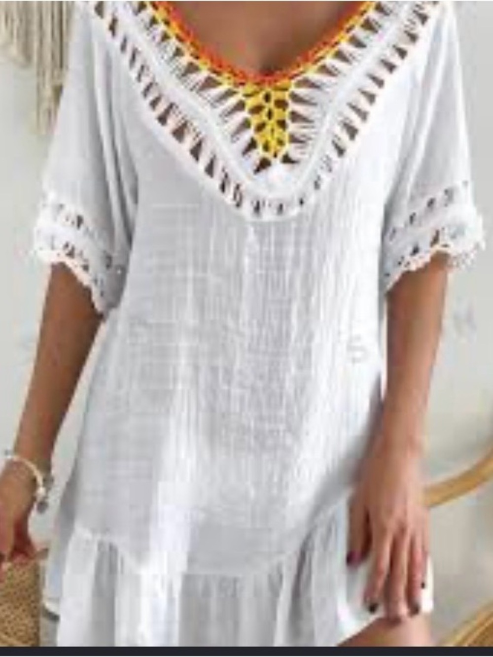 SHEIN Cream Crochet-Trim Mini Dress with Orange & Yellow Accents - Picture 5 of 15